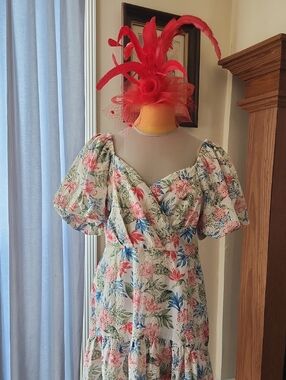 Kentucky Derby Bundle: NWT Floral Puff-Sleeve Dress W/ Matching Fascinator, Sz L